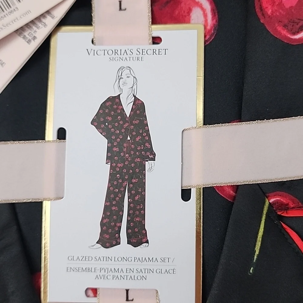 Victoria's Secret Signature Satin Long Pajama Set Cherries Size L Large NWT - Picture 2 of 5